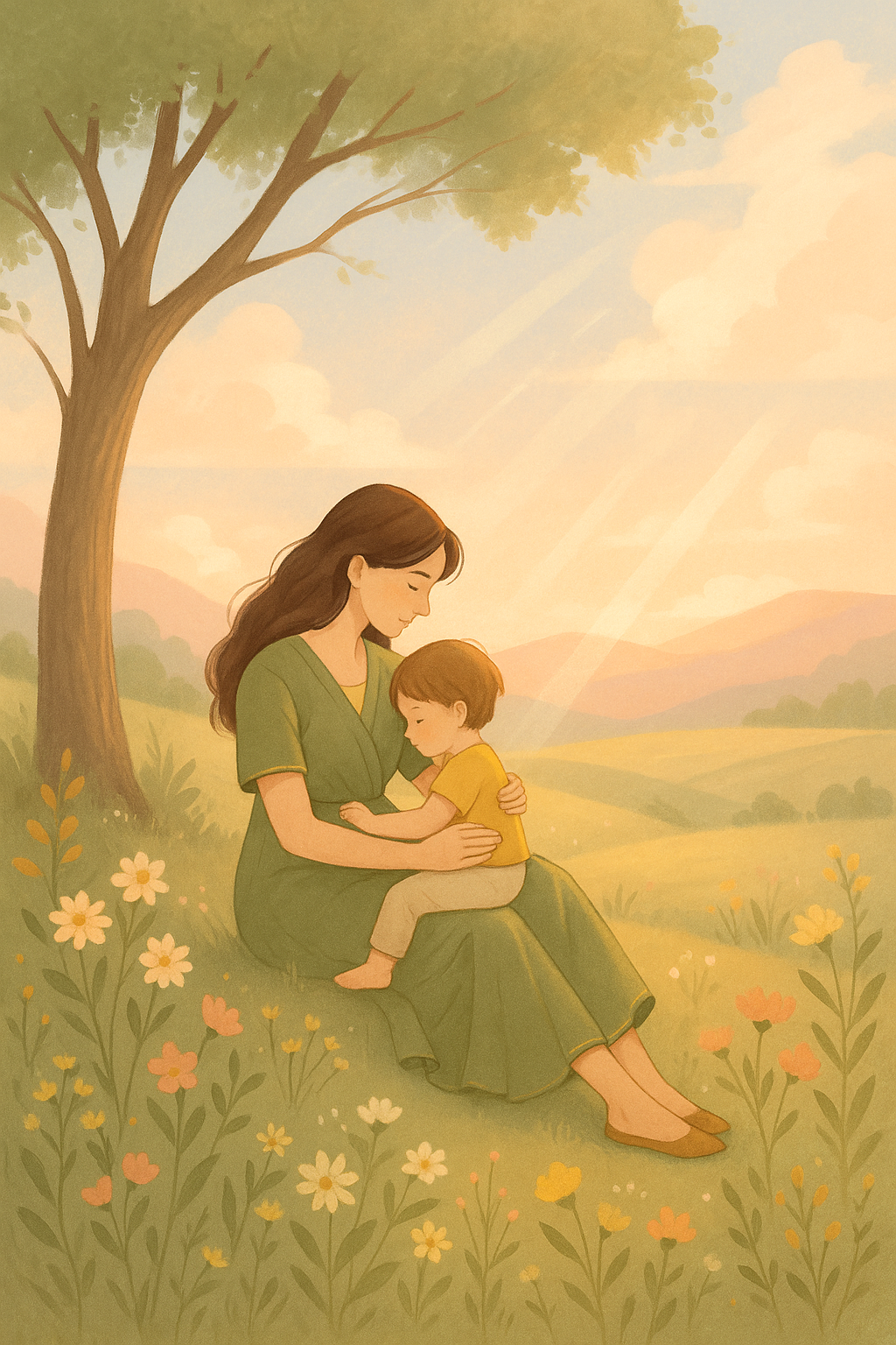 Mother and child sitting peacefully in a meadow of flowers